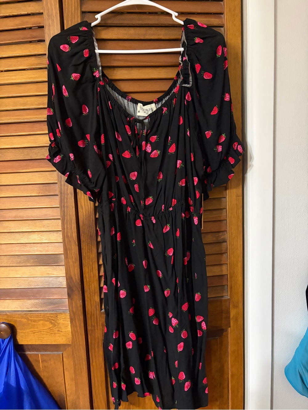 Black Strawberry-Print Midi Dress with Elastic Waist